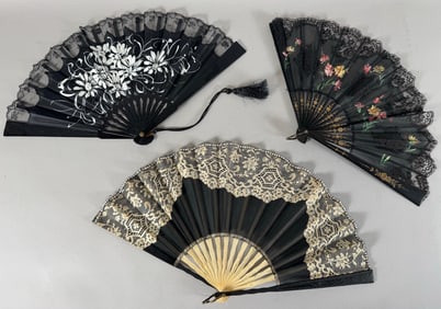 Lot of 3 - Vintage Lace Floral Pattern Black Hand Held Folding Fans
