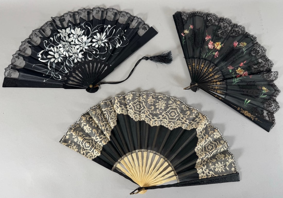 Lot of 3 - Vintage Lace Floral Pattern Black Hand Held Folding Fans (1 of 10)