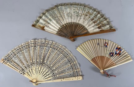 Lot of 3 - Vintage Victorian & Japanese Style Silk and Paper Hand Held Folding Fans