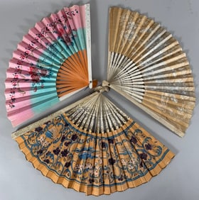Lot of 3 - Vintage Possibly Japanese Paper Hand Held Folding Fan
