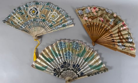 Lot of 3 - Vintage Possibly Japanese Floral Pattern Hand Held Folding Fan