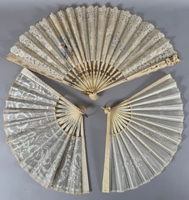 Lot of 3 - Vintage Lace & Floral Pattern  Bone Spoke hand Held Fans