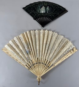 Lot of 2 -  Vintage Victorian Style Sequin and Floral Pattern Hand Held Fan