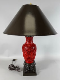 Vintage Chinese Carved Red Cinnabar Lacquer Vase Table Lamp with Shade