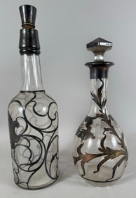 Lot of 2 - Vintage Art Nouveau Sterling Silver Overlay Decanters