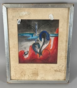 Framed Abstract Pastel Painting Illegibly Signed