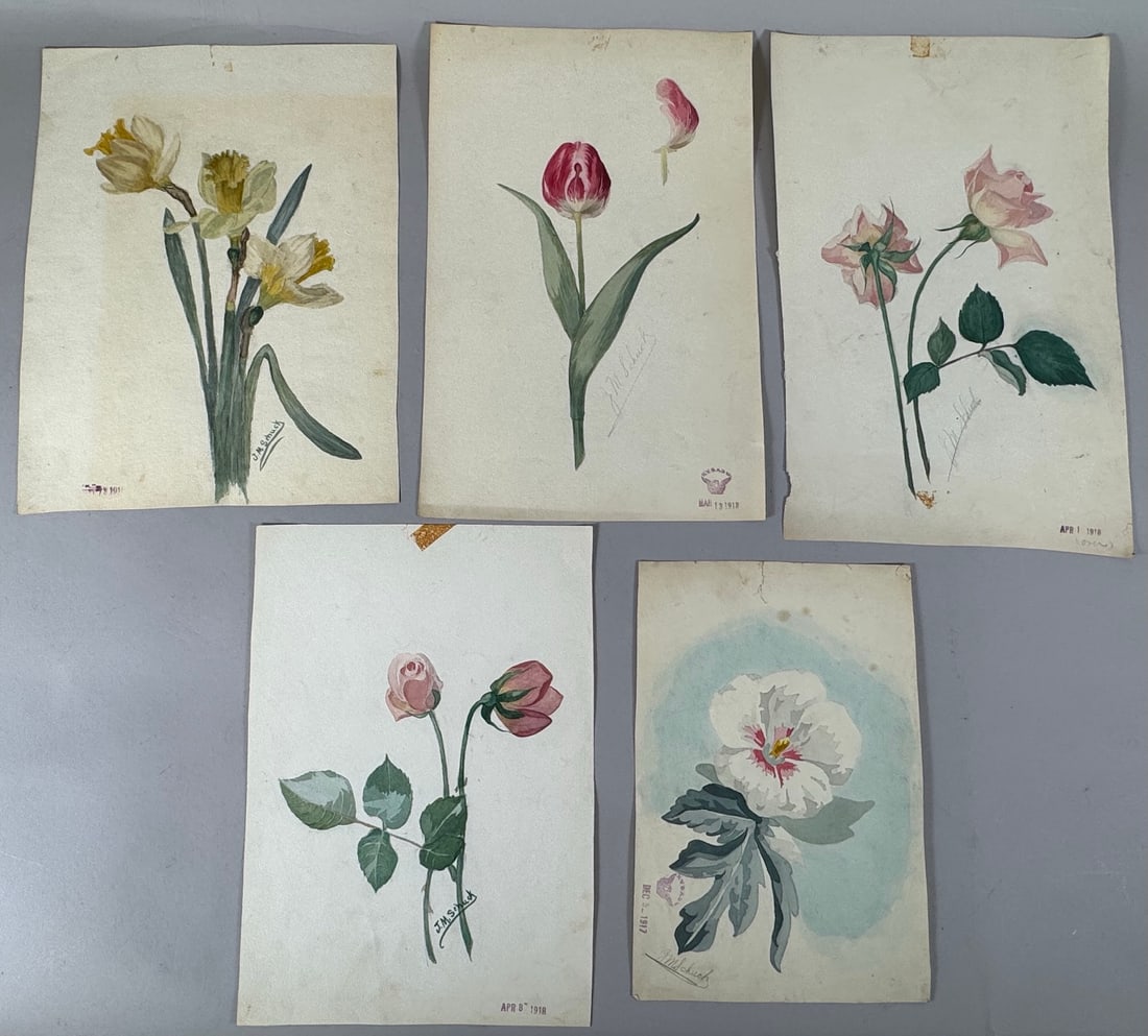 Lot of 5 - Floral Watercolor Paintings by J.M. Schuck Signed & Dated 1917-1918: Floral watercolor painting by J.M. Schuck. Signed and dated. Paintings from 1917 and 1918. D: Largest 13.5"h x 8.5"w, smallest 11.25"h x 8"w.