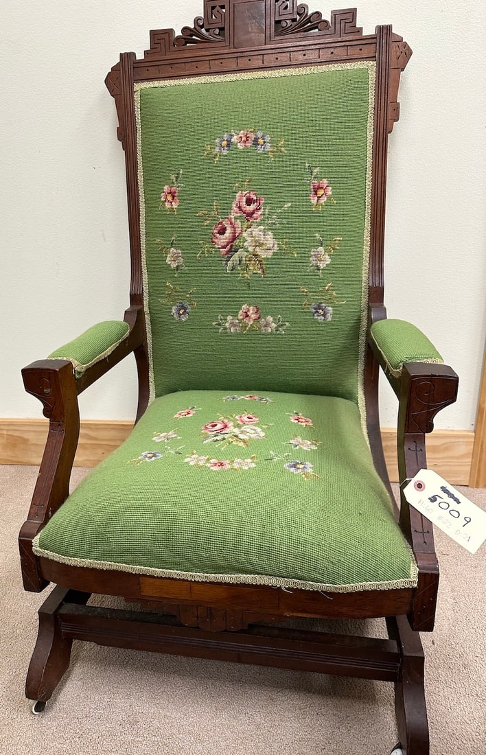 Vintage Needlepoint Rocking Chair: Vintage Needlepoint Rocking Chair. D: 38 H x 24 W x D 27.