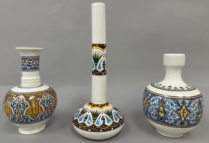 Lot of 3 - Middle Eastern Ceramic Vases with Geometric and Floral Patterns