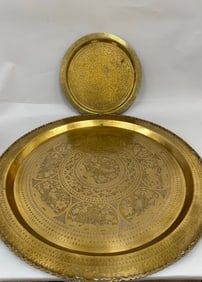 Lot of 2 - Round Brass Trays With Intricate Engravings