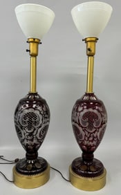 Pair of Vintage Large Bohemian Czech Red/Ruby Color Glass Table Lamps