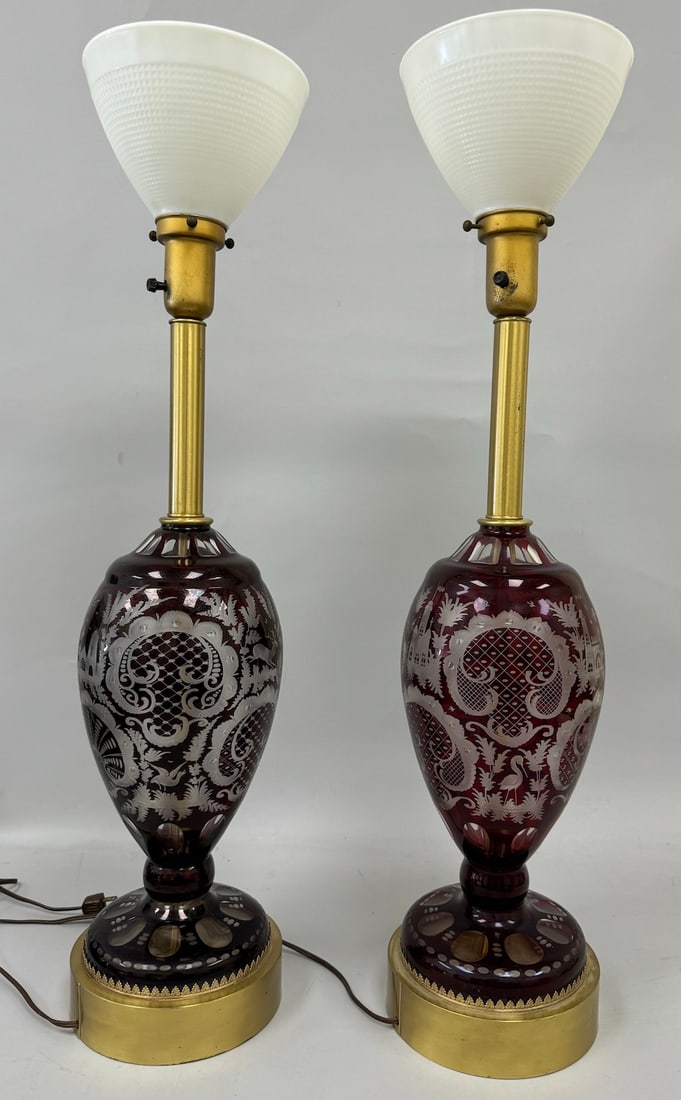 Pair of Vintage Large Bohemian Czech Red/Ruby Color Glass Table Lamps (1 of 20)