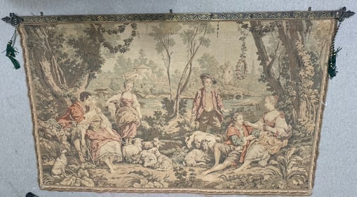 Vintage Mid-Century French Aubusson Style Jaquar Tapestry with Metal Hanger