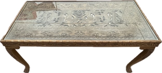 Asian Carved Wood Glass Top Coffee Table