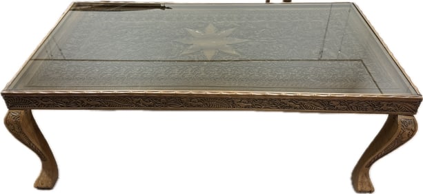 Asian Carved Wood Glass Top Coffee Table