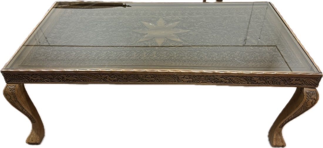 Asian Carved Wood Glass Top Coffee Table (1 of 14)