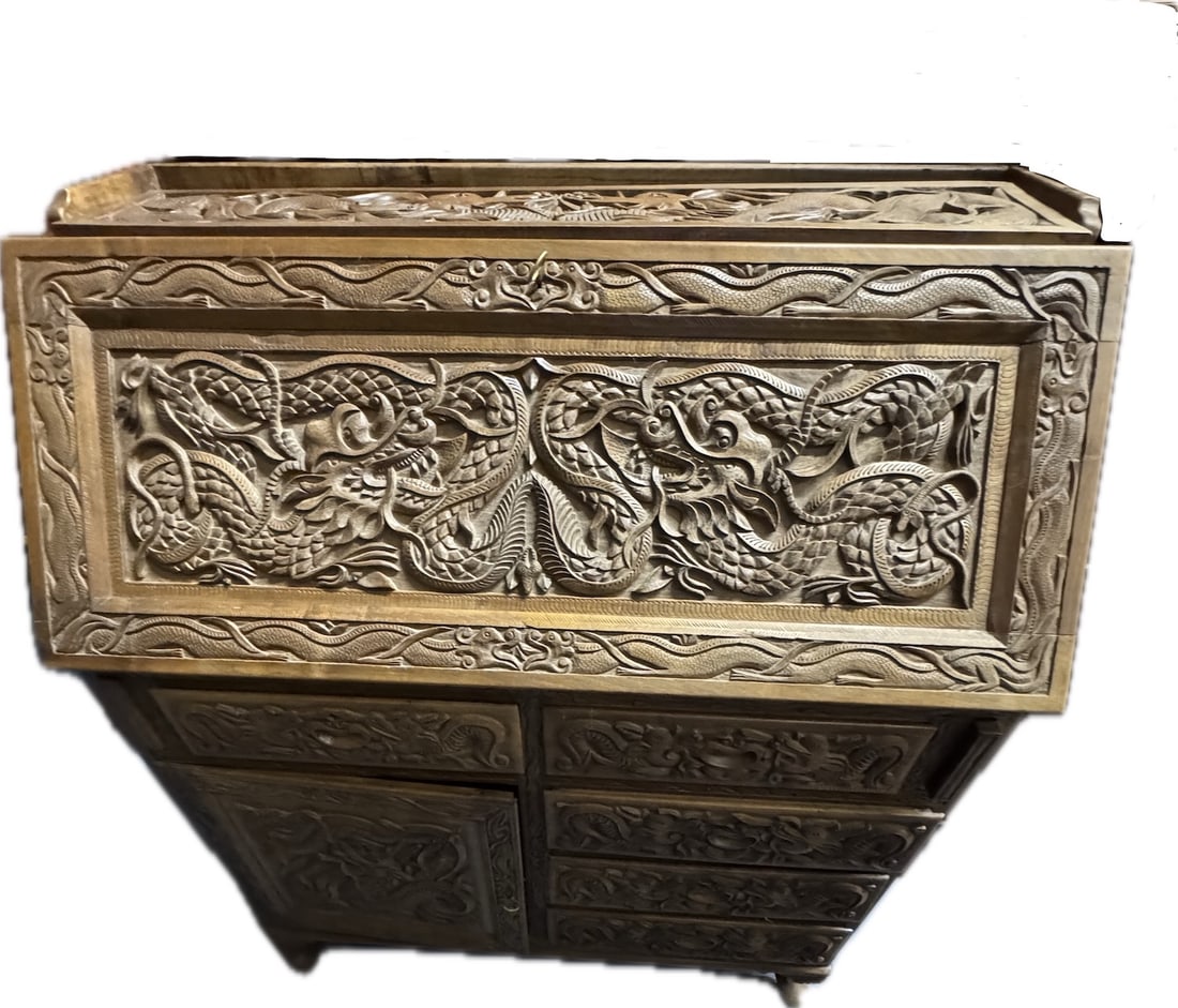 Antique Chinese Writing Desk Carved Drop Leaf Secretary Desk (1 of 12)