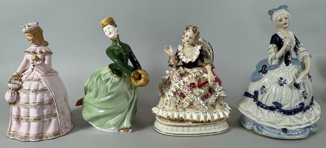 Lot of 4 - Vintage Hand Painted Lady Figurines Lefton China, Royal Doulton, & Samson Import: Vintage hand painted female porcelain figurines.1- Bone China lady in a chair. Crossed Sword mark. 2- Vintage porcelain lady figurine. Unknown brand. 3- Lefton Victorian style lady in pink dress . 4-