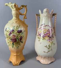 Lot of 2- R. Hanke RH Royal Wettina Hand Painted Floral Ewer & Handled Floral Vase Hand Painted