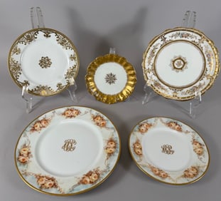 Lot of 5 - Vintage Gold Trim Floral Pattern & Monogram Plates Limoges France, England & Nippon Japan