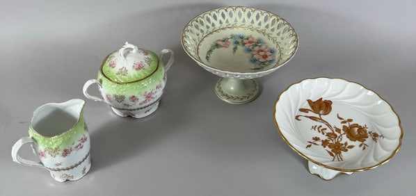 Lot of 4 -Gold Trim Floral Pattern Pedestal Cany Dishes, Sugar Bowl & Creamer Bavaria, Germany &