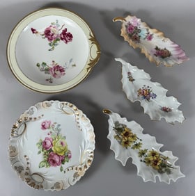Lot of 5 - Vintage Gold Rim/trim Floral Pattern Round & Leaf Shape Porcelain Dishes