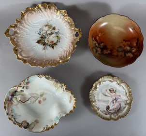 Lot of 4 - Vintage Possibly Hand Painted Limoges France and Germany Made Footed Serving Bowl,