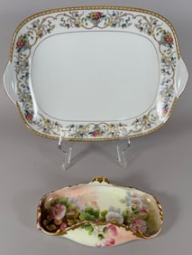 Lot of 2 - Bavaria Floral Pattern Gold Rim Rectangle Serving Plate & Limoges France Hand Painted
