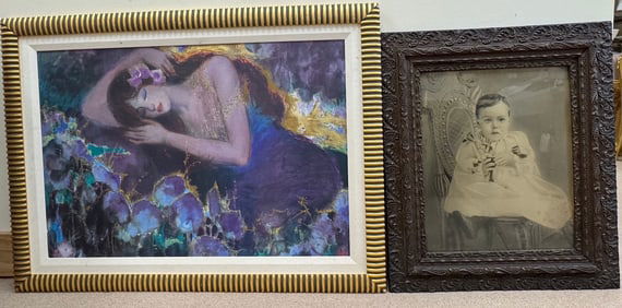 Lot of 2 - Art Nouveau Influenced Acrylic Painting & Vintage Framed Boy Photo