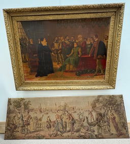 Lot of 2 - Vintage Tapestry Made in Italy & Vintage Print Depicting Mary, Queen Of Scots Confronts