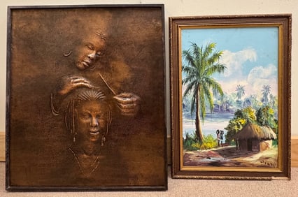 Lot of 2 - African Tropical Village Impressionist Painting & Copper Repousse Framed Art