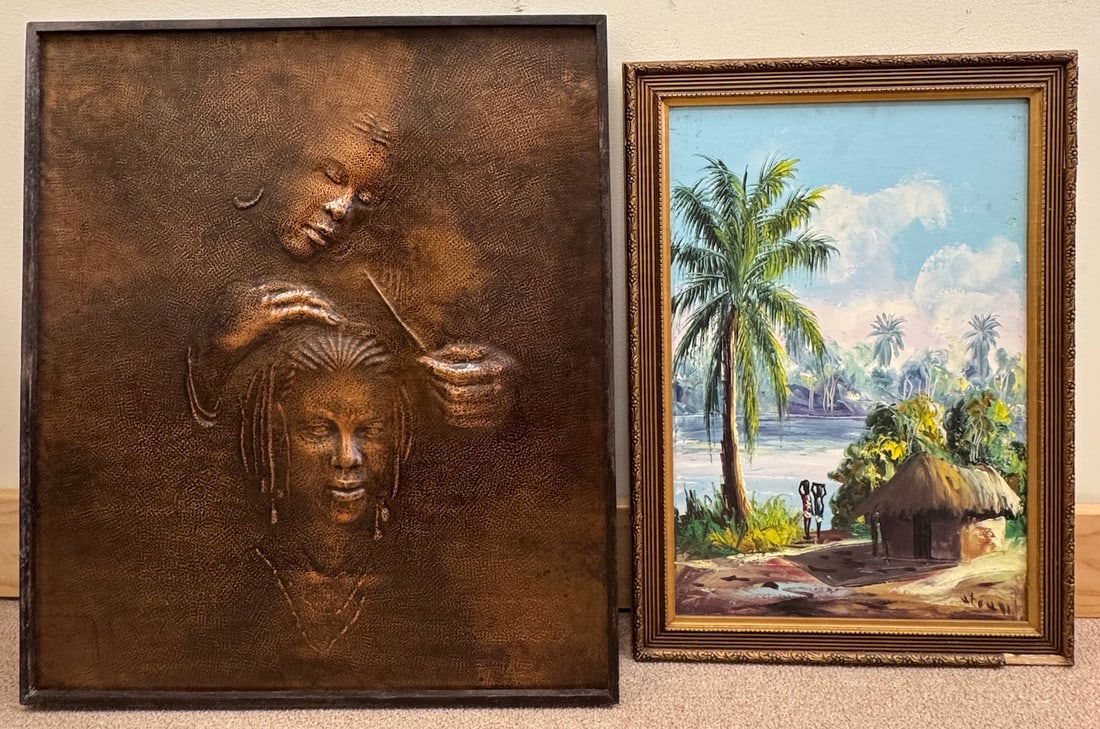 Lot of 2 - African Tropical Village Impressionist Painting & Copper Repousse Framed Art (1 of 16)