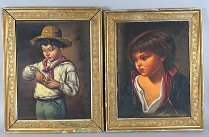 Lot of 2 - Achille Petrocelli Portrait of a Boy & Oil Painting on Canvas After Jean-Baptiste Greuze