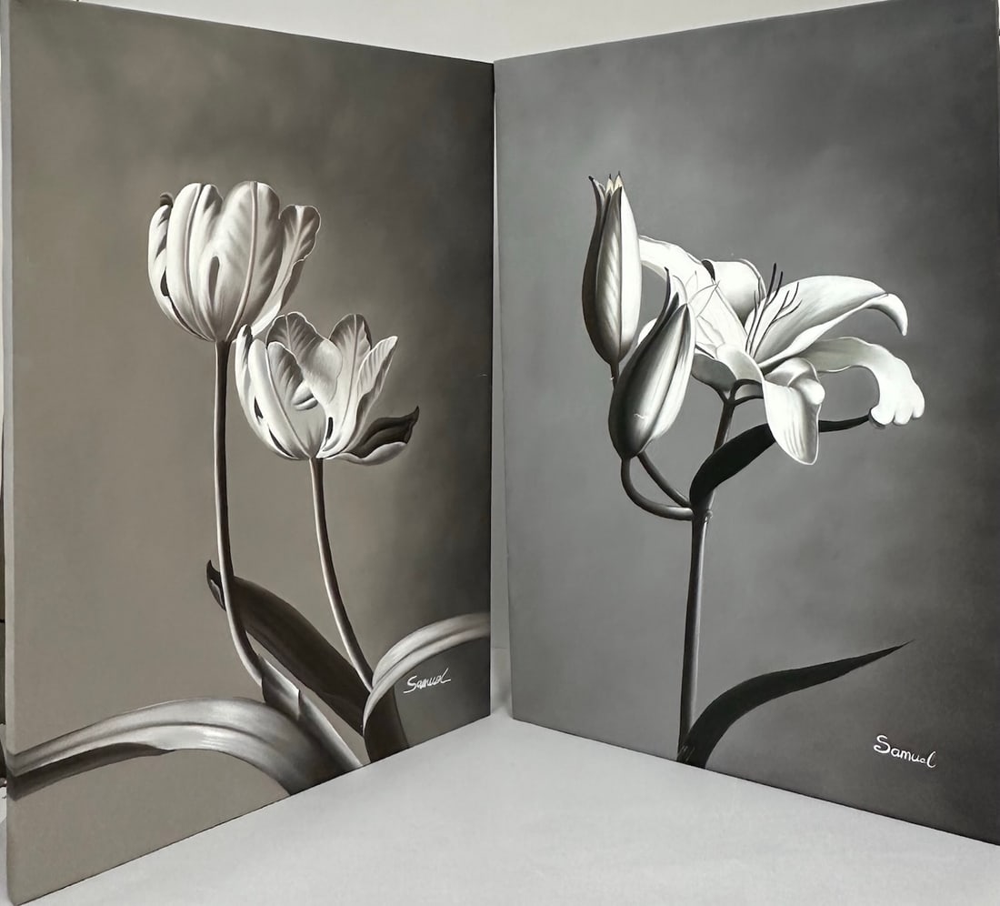 Pair of 2 - Minimalist Art Paintings by Samuel: Minimalist art canvas painting shows two black and white flowers, likely tulips and lilies, against a dark background. Both paintings are signed by "Samuel". D: 36" H x 24" W x 1,5" D.