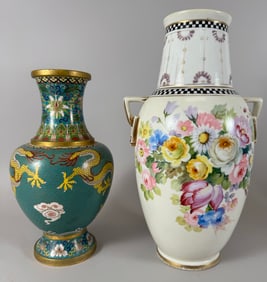 Lot of 2 - Vintage Floral & Chinese Cloisonne-Dragon Decorated Turquoise Vase