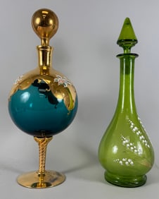 Lot of 2 - Vintage Blue & Green Decanters