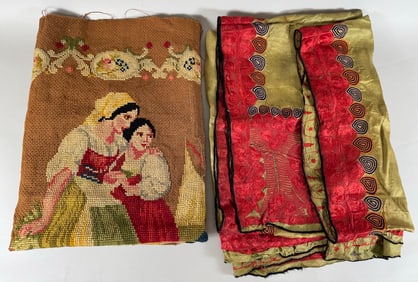 Lot of 2 - Vintage French Needle Point Panel & Vintage Silk Embroidered Indian Shawl