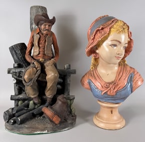 Lot of 2 - Chalkware Sculpture Depicting a Cowboy Sitting on a Fence & Large Porcelain Sculpture