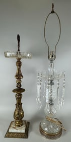 Lot of 2 - Vintage Crystal Table Lamp With Intricate Cut Patterns & Hollywood Regency- Style Floor