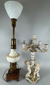 Lot of 2 - Vintage Stiffel Lenox Table Lamp & German Porcelain Candelabra Von Schierholz