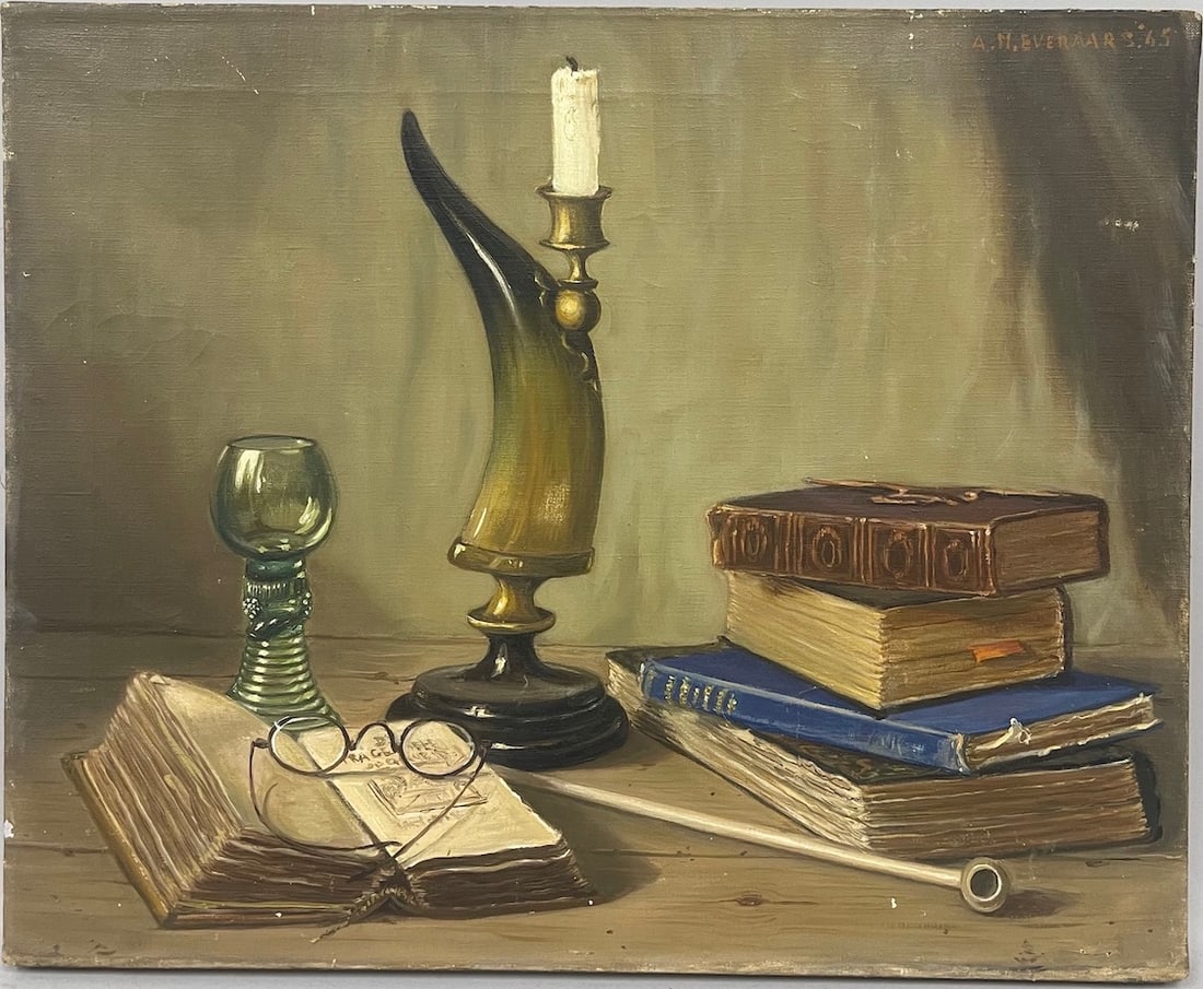 A.M. Everaars Still Life Painting Oil On Canvas: Still Life w/Books and Candlestick Oil Painting On Canvas A.M. Everaars '65 Signed. F: 17.75"h x 21"w