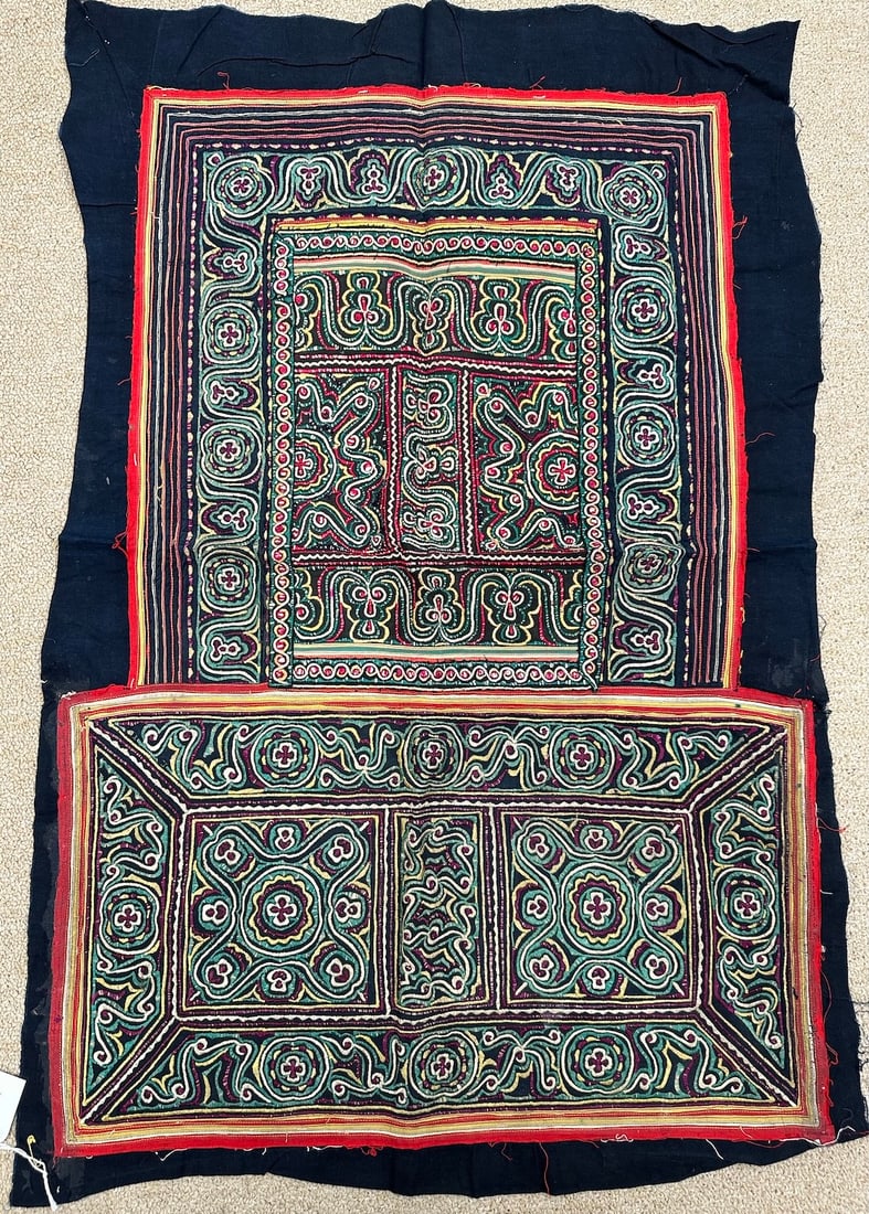 Vintage Embroidered Hand-Stitched Baby Carrier: Antique/vintage Miao baby carrier. China. The black base cotton, while the intricate embroidery features silk threads in various colors. D: 21" W x 31" L.