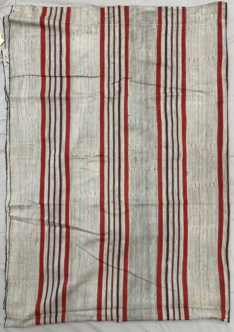 Nigerian Yoruba Linen Textile: Nigerian Yoruba linen textile with rustic feel. Gray font has red stripes, handsewn. D: 76" x 57".