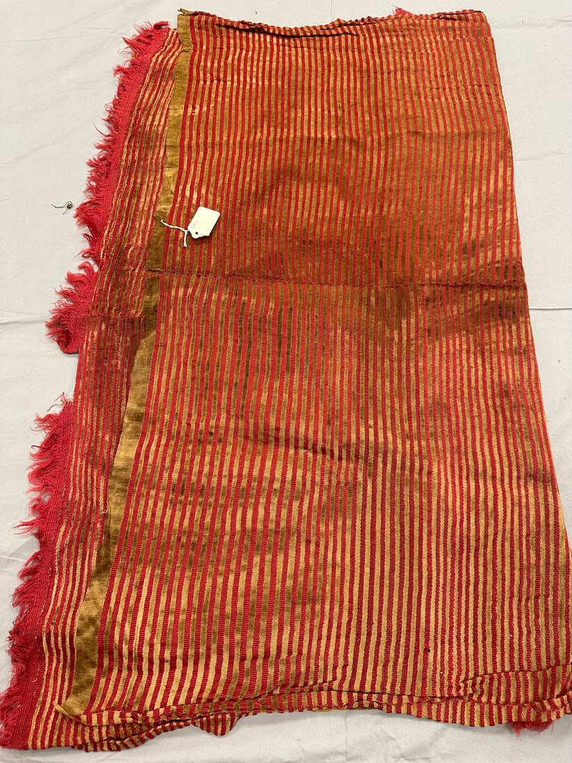 Red Gold Striped Silk Shawl Possibly From Peru: Red gold striped handwoven with silk-linen shawl textile with fringes. D: 33" x 64".