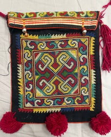 Tibetan Embroidered Pom-Pom Fringe Bag Purse