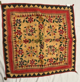 Vintage Cotton Indian Sith Rajasthan Hanging Textile With Mirror Motifs