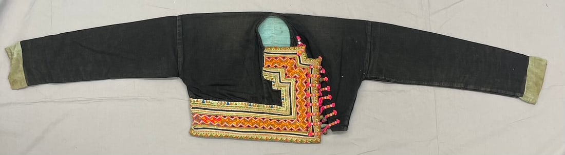 Southeast Asian Hmong Jacket: Vintage Handstitched Hmong Boys Jacket. Southeast Asia w/Multicolored Embroidery. D: Shoulder: 18" Sleeve-Sleeve: 50.25" Length: 30.25"