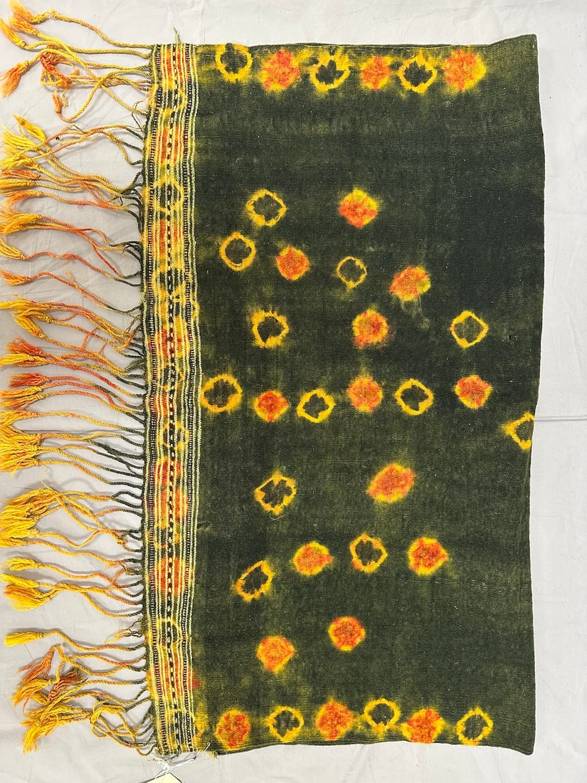 Traditional Woven Head Shawl Tajira Tunisia: Traditional woven naturally dyed tajira head shawl worn as a protective hair covering. Tie dyed with tassels. D: 36" L x 28" W.