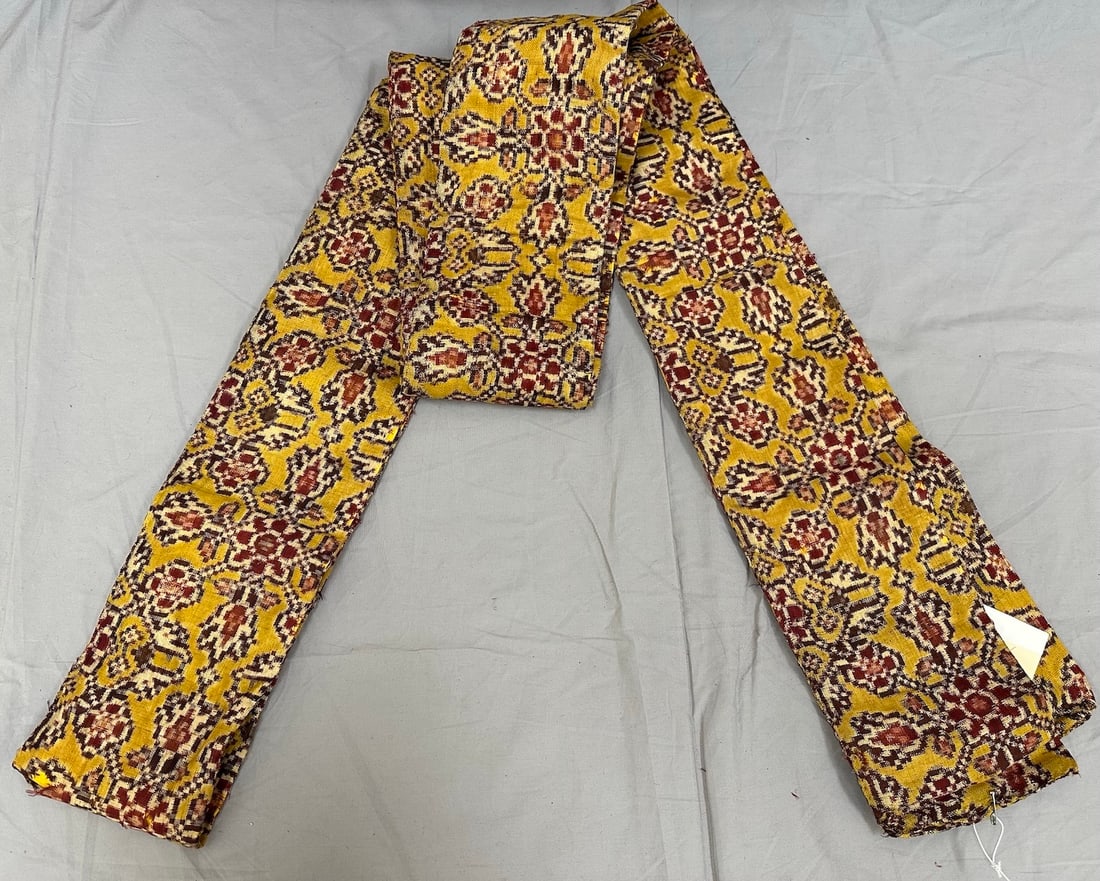 Hand Dyed Ikat Linen Silk Belt: Hand Dyed silk-linen belt intricates traditional pattern from Asia. D: 5" x 136" L.