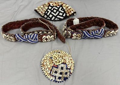 Lot of 4 - Royal Cowrie Beaded Hats and Belts